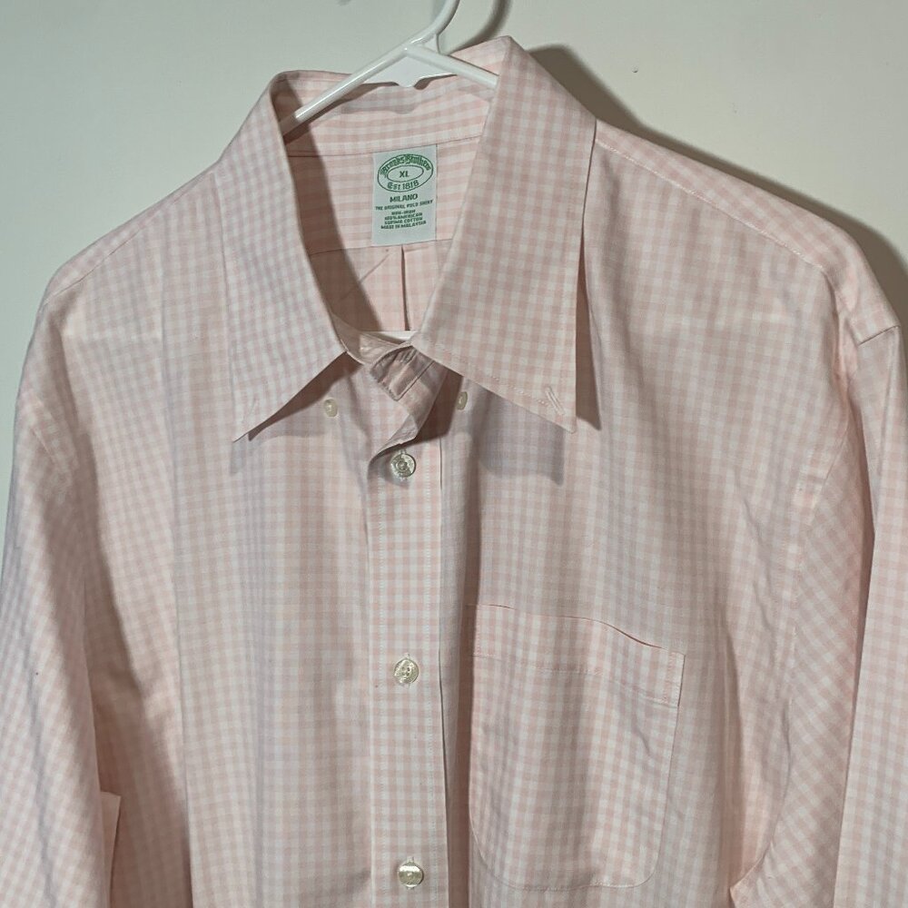 XL Brooks Brothers Milano Supima Cotton plaid Button Up white pink mens preppy